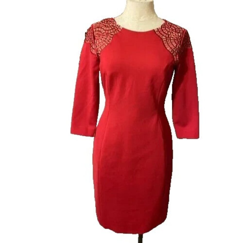 Antonio Melani Dress Red 6 Small Career Church Stretch 3/4 Long Sleeve Sheath - Picture 2 of 8